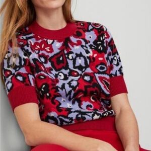 Ann Taylor Short Sleeve Floral Abstract Knit Sweater - Red, Lavender, Black